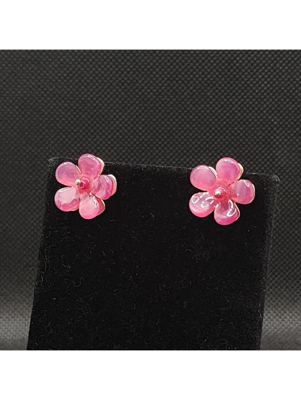Dainty pink flower earrings on gold tone base